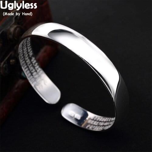 Uglyless Solid 99.9% Fine Silver Glossy Bangles for Buddhists Heart Sutra Religious Open Bracelet Adjsutable Unisex Fine Jewelry