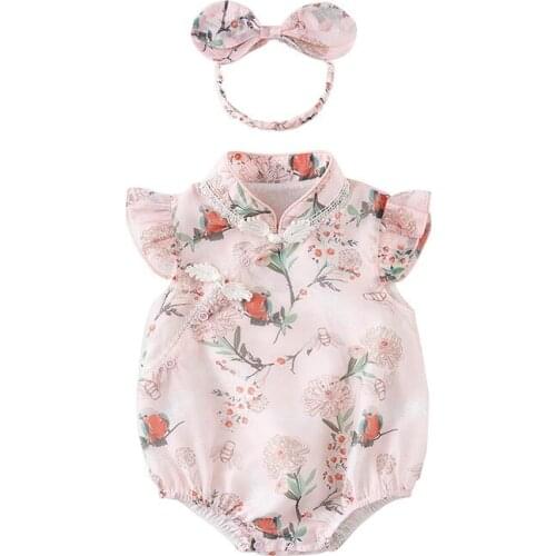 Vlinder Baby Clothes Baby Girl Rompers Bodysuits Newborn Cheongsam Style Striped Rompers Short Sleeves Infant Bodysuit 2PCS Sets