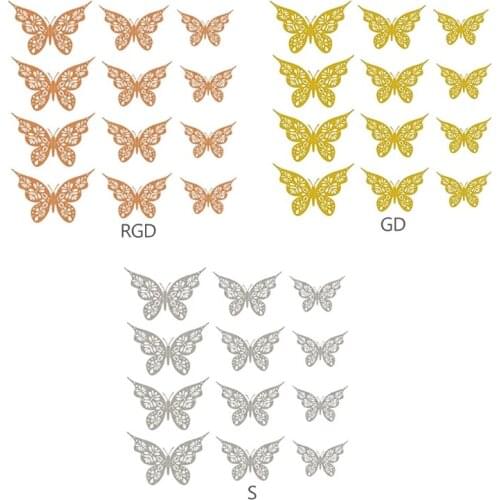 12Pcs 3D Butterfly Wall Stickers Removable Hollow Decals Wedding Cake Party Decor Gift for Kids(Gold/Rose Gold/Silver