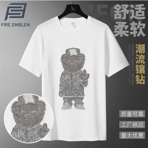 2021 Fashion Bear T Shirts Men Rhinestones Tops Brand Streetwear Mercerized Cotton Slim O Neck Short Sleeve T-shirt Man 4 Colors