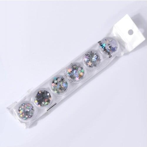 6 pcs/set Colorful 6-color Pack Silver Five-pointed Star Sequins Laser Beautiful Paillette Nail Decoration Art Manicure T1779