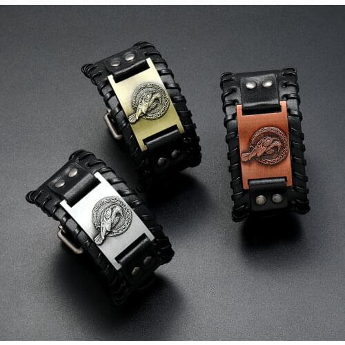 Eagle Charm Wide Leather Bracelet Men Punk Braided Rope Alloy Cuff Bangle Male Wristband Viking Bracelet Mens Jewelry