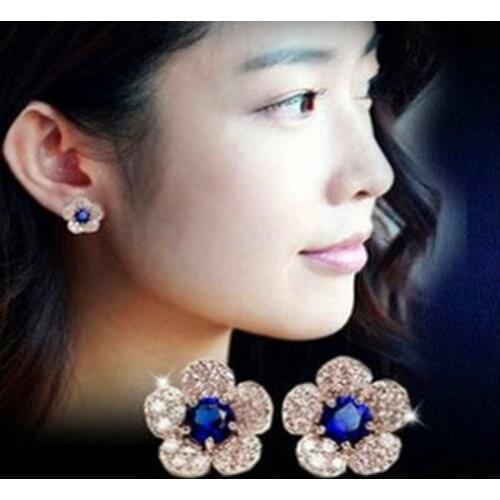E568 Hypoallergenic fashion silver-plated earrings with blue crystal flower earrings Exquisite full Crystal earrings for female
