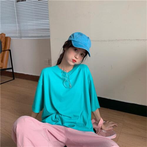 2021 T-shirt Female Clothing Top Oversized Shirt New Year Clothes Pure Color Cotton Economy Simple Style Summer Wear Gift