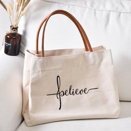 Believe Printed Canvas Tote Bag Gift for Christian Church Bag Women Lady Casual Beach Work Bag Handbag Dropshipping