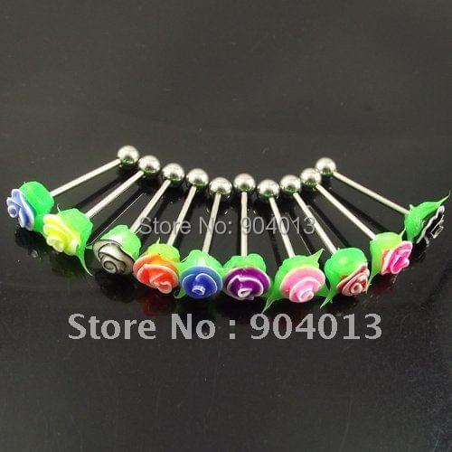 50pcs free shipping mixed colors green leaves rose tongue ring flower tongue nail body piercing jewelry