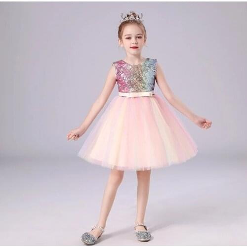 2021 Flower Girls Dress Costumes rainbow Wedding Party Birthday Clothes Sequins Lace Gown Princess Dress Children Tutu Dress