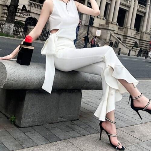 Summer White Women Flare Pants Pearls Ruffles Fishtail Pants Slim Fit Long Trousers Office Ladies High Waist Bell-bottomed Pants