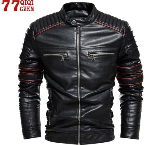 Mens PU Jacket Winter Mens Stand Collar Slim Fit Motorcycle Leather Jacket Winter Plus Velvet Thick Zipper Jacket Male