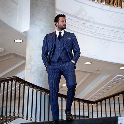 Mens Wedding Suits Plus Size 3pcs Stripe Costume Suits for Men Peak Lapel Masculino Terno Slim Groom mens suit