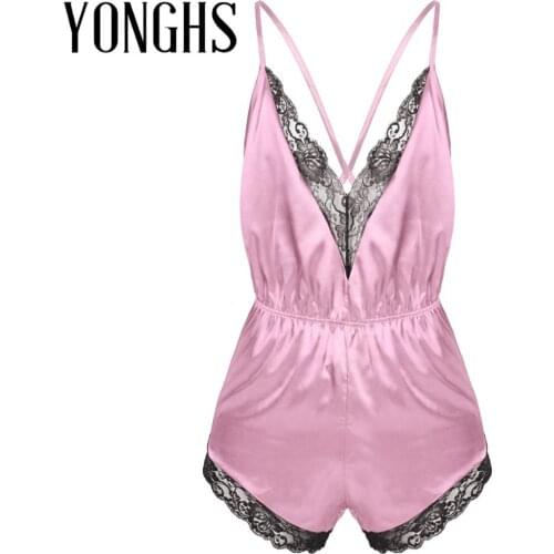 Mens Lingerie Gay Pajamas Romper Erotic Sexy Sleepwear Adjustable Spaghetti Strap Lace Trimmed Jumpsuit Satin V-neck Nightwear