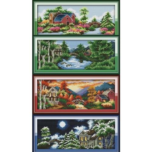 Four Seasons Castle Painting DIY DMC Chinese Cross Stitch,Sets for Embroidery Kits,11CT Fabric Needlework Kit on Printed Canvas
