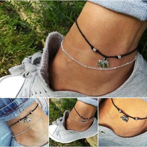 Newly Weave Ankle Bracelets Black Elephant Pendant Anklets Chain Beach Foot Jewelry for Women and Girls