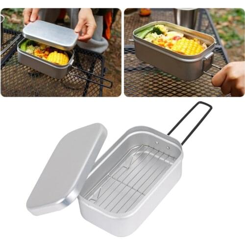 Outdoor Bento Lunch Box Steaming Rack Food Container w/ Foldable Handle for Camping BBQ Picnic Office Travel Cooking Cookware