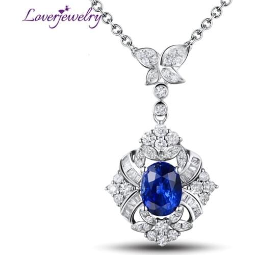 LOVERJEWELRY Blue Sapphire Pendant For Women Real White Gold 18Kt Au750 Shining Diamonds 100% Natural Sapphire Pendant Necklace