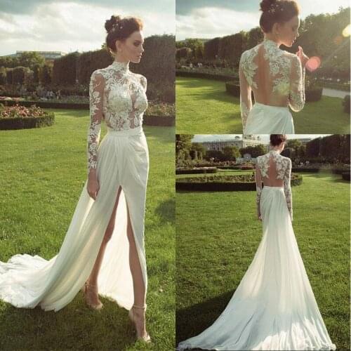 Sexy 2021 Chiffon High Collar Neckline See-through Sheath Long Sleeve Wedding Dresses Lace Appliques Side Slit Wedding Gown