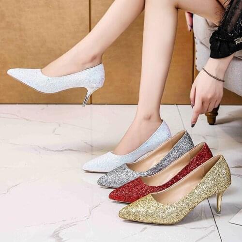 Big Size 34-43 Basic Pumps Bling High Heels White Wedding Shoes Office Dress Shoes Pointed Toe Thin Heel zapatos mujer