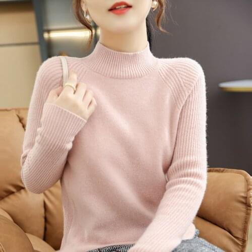 Ladies' New Cashmere Sweater Half High Collar Autumn Winter Pure Wool Knit Pullover Base Shirt Slim-fit Warm sweater Womens