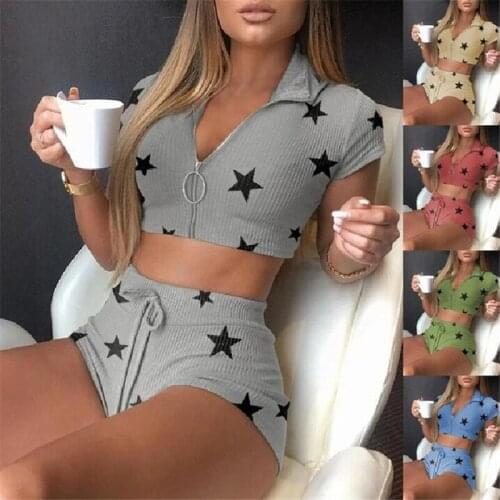 Women Star Print Clothing V-neck Zipper Crop Tops Shorts Set Two Piece Sets Casual Women Suits Streetwear Femme Chic Tracksuits