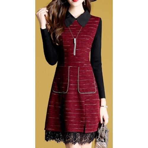 2019 Autumn New Pattern European Will Code Self-cultivation Thin Long Sleeve False Two Paper Knitting Lace Dress