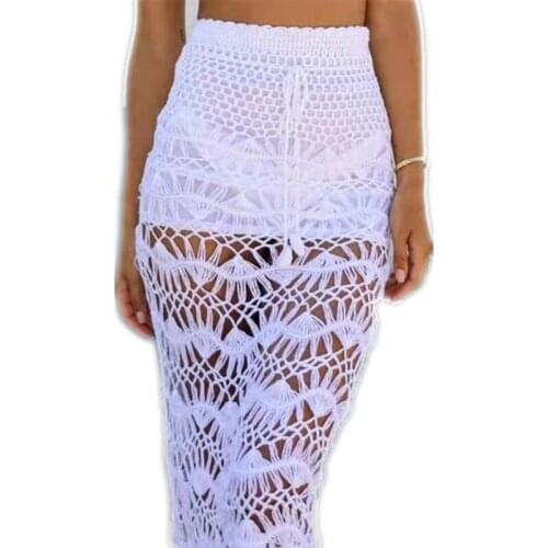 2021 Summer Crochet Beac Skirt Cover Up Women Sexy Swimsuit Cover Up Knit-Crochet Maxi Skirt High Waist Dress Solid Cotton