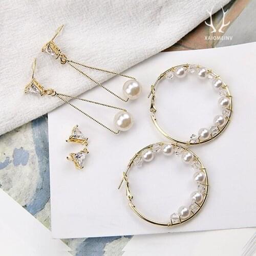 4pcs Hot Sale 2020 Copper Plated Gold Zircon Stud Earrings Pearl Large Round Triangle Pendant Material Diy Jewelry Accessories