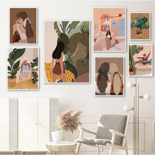 Abstract Yoga Girl Leopard Monstera Cactus Wall Art Canvas Painting Nordic Posters And Prints Wall Picturs For Living Room Decor