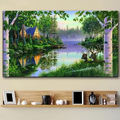Large Forest Green Trees full square round drill cottage by river 5d diy diamond painting natural scenery embroideryZP-3491