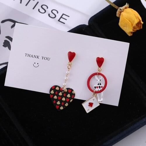 Asymmetric Cute Rabbit Love Heart Drop Earrings Temperament Ladies Creative Playing Cards Clip Earring Without Piercing Jewelry