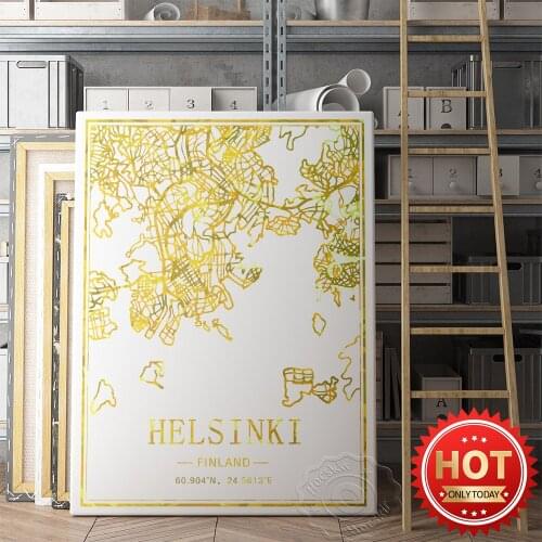 Helsinki Finland City Map Decor Poster, Study Living Room coffee shop Decor Wall Picture, Tavel City Street Gold Line Art Prints