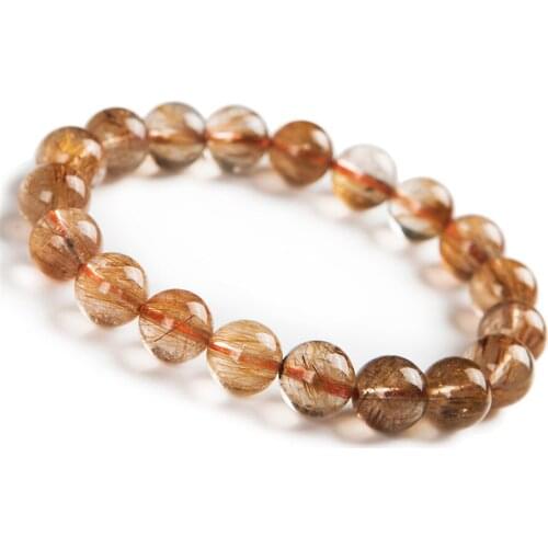 10.5mm Elegant Genuine Natural Copper Hair Rutilated Quartz Crystal Round Beads Stretch Bracelets