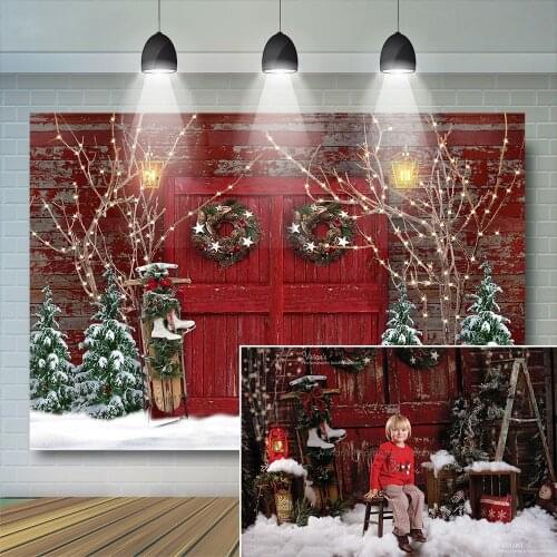 Red Wood Door Backdrop Christmas Photography Props Kids Baby Photocall Snowy Snowflake Trees Banner Child Portrait Photostudio