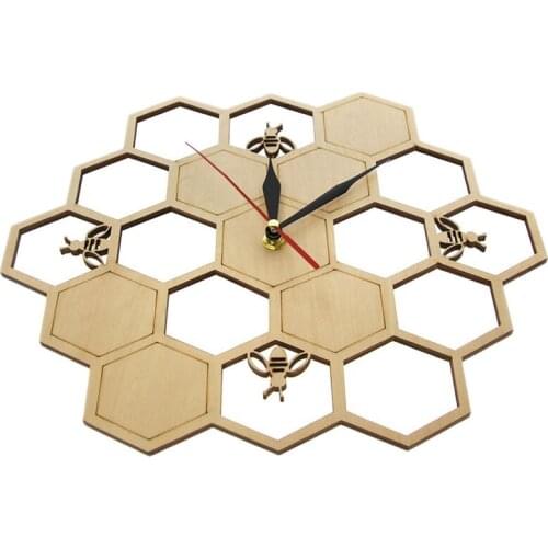 Hot XD-Cut Wood Clock Honey Bee on Honey Comb Hexagon Nature Watch Wall Clock Geometric Kitchen Art Decor