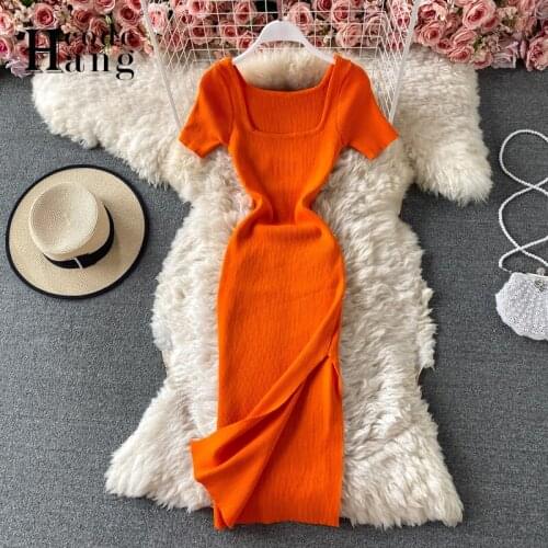 HangCode Early Spring Dress 2021 Summer Short Sleeve Slim Knitted Sweater Dress Women Sexy High Split Bodycon Dress Vestidos