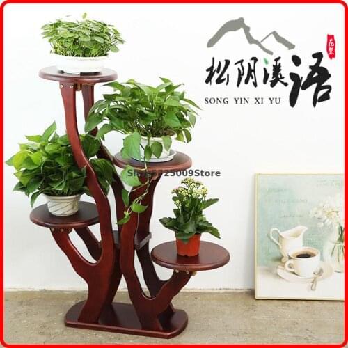 Solid wood flower stand multi-layer indoor new Chinese style living room balcony light luxury shelf floor green basket hanging o