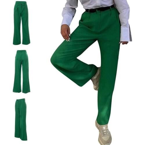 2021 Fashion Elegant Casual Green Suit Pants Women High Waist Solid Loose Straight Pants Holiday Autumn Lady Casual Trousers