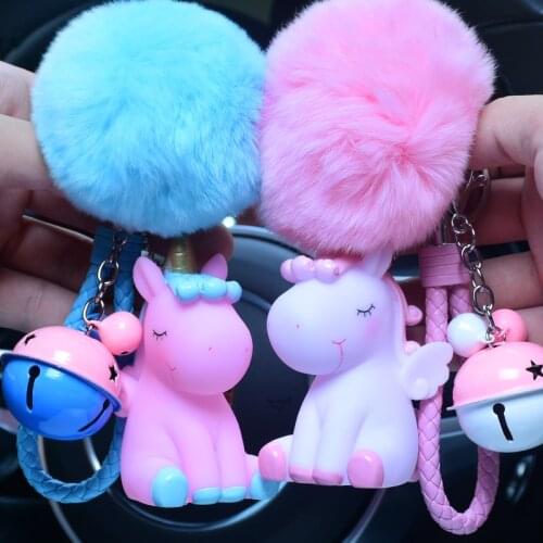 Cartoon Fluffy Rabbit Fur Pom Pom Cute Animal Pony Unicorn Horse Keychain Doll Key Ring Women Car Bag Key Chains Trinkets D173