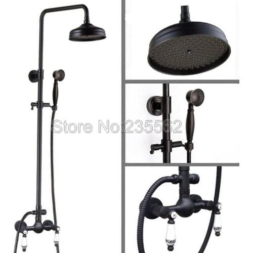 Black Oil Rubbed Bronze Bathroom Rain Shower Faucet Set Cold and Hot Water Mixer Tap Wall Mounted + Handheld Shower Heads lrs517