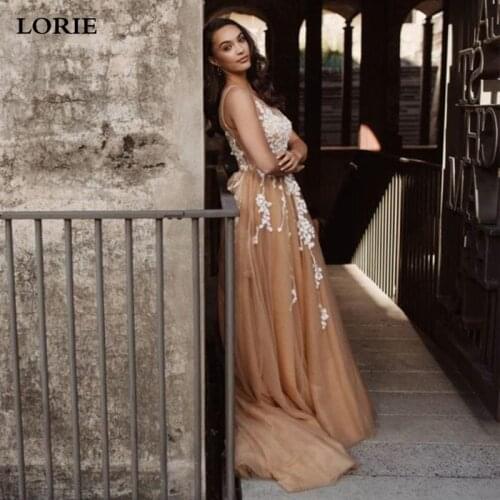 LORIE Dark Champagne Wedding Dresses A Line Lace Appliques Bridal Gowns 2020 Fashion Vestido De Novia Open Back Wedding Gown