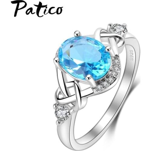 Retro Blue Crystal Wedding Jewelry Solid 925 Sterling Silver Engagement Promise Ring High Quality Gift for Lady