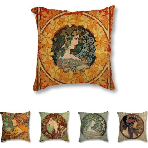 Vintage European Art Throw Pillow Nouveau Mucha Gallery Decorative Cushion Sofa Beautiful Girl Cotton Linen Seat Cushion 45x45