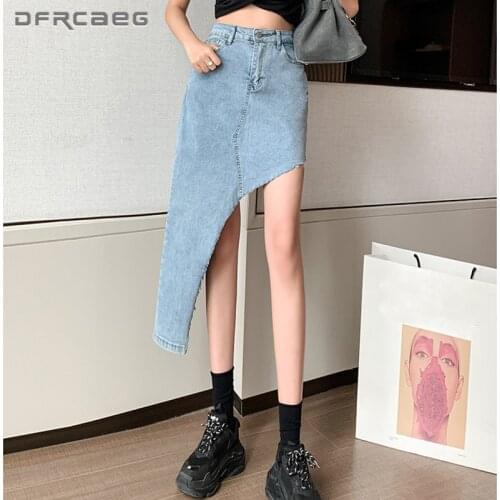 Streetwear Sexy Irregular Womens Denim Skirts Summer 2021 High Waist Casual Summer Long Skirt Jeans Saias Blue