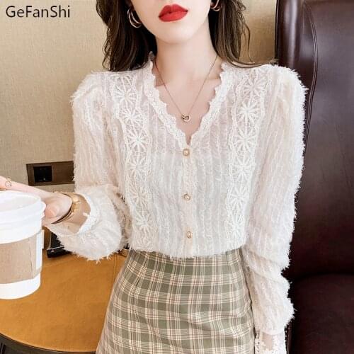 Spring Autumn V-Neck Solid Lace Elegant Lady Blouse Shirt Long Sleeve Office Women Fashion Sweet Blouses Tops Blusas