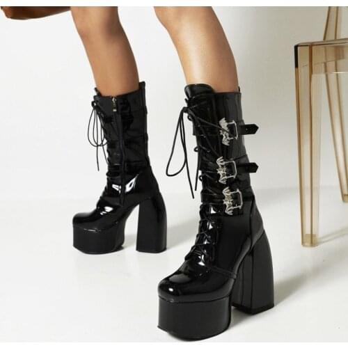 Womens Mid Calf Boots Platform Belt Bat Wings Buckle Super High 15CM Heel Shoes Punk Motorcycle Sexy Black Plus Size New