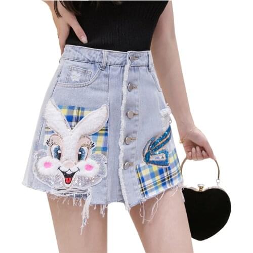Summer 2021 New Denim Shorts Women Cute Cartoon Rabbit Pattern Short Jeans Front Buttons Up Skirt Shorts Female