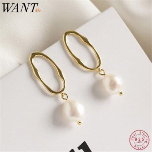 WANTME Personalized Oval Irregular Geometric Pearl Dangle Drop Earrings for Women Genuine 100% 925 Sterling Silver Fine Jewelry