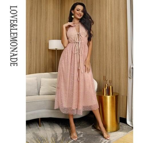 LOVE&LEMONADE Lace V-Neck Pink Star Mesh A-Line Party Dress LM82680MIX