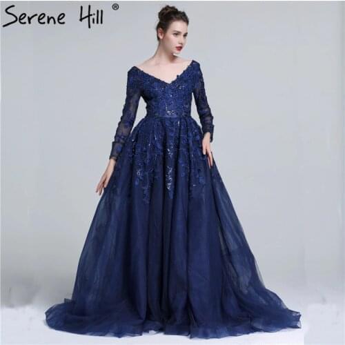 2020 Dark Blue Deep-V Tulle Evening Dresses Newest Long Sleeve Appliques Sequined Evening Gowns LA6099