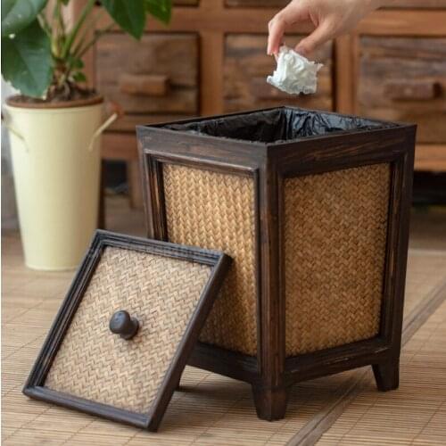 Retro Rattan Wooden Toilet Basket with Lid Living Room Teahouse Home Creative Personality Chinese Solid Wood Trash Can