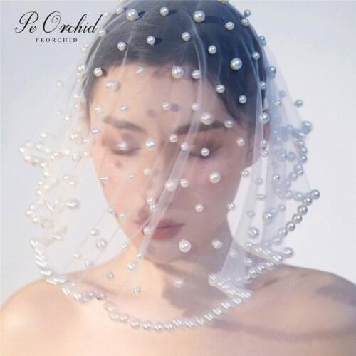 PEORCHID Vintage Short Pearls Bridal Veils Handmade Brides Wedding Fascinator Hair Accessories Women Korean Style Blusher Veil